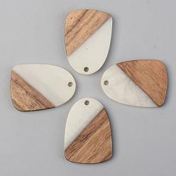Floral White Opaque Resin & Walnut Wood Pendants, Teardrop, Floral White, 28x20x3mm, Hole: 2mm