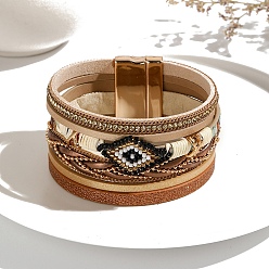 (932FM) Темно-синий аква-матовый с подкладкой Многорядный браслет из искусственной кожи, браслеты bohemia для женщин, браслет из ромбовидных стеклянных бусин, браслеты в стиле бохемия с магнитными застежками, темно-золотистые, 7-5/8 дюйм (19.5 см)