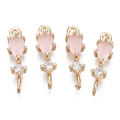 Pink Brass Micro Pave Cubic Zirconia Links Connectors, with Glass, Long-Lasting Plated, Light Gold, Teardrop, Pink, 17x5x3.5mm, Hole: 1.5mm