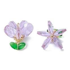 Лиловый Стеклянные подвески, цветочный шарм, с 304 петлями из нержавеющей стали и бусинами, граненые, сирень, 24x24x21.5 мм, отверстие : 3x2 мм