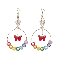 Colorful Glass Beads Pendant Dangle Earring, Butterfly, Colorful, 105x54mm