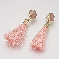 Misty Rose Tassel Dangle Stud Earrings, with Brass Findings and Dyed Natural Druzy Crystal, Misty Rose, 72~76mm, Pin: 0.8mm, Pendant: 60~63x7mm