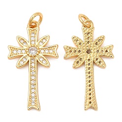 Real 18K Gold Plated Brass Micro Pave Cubic Zirconia Pendants, Cadmium Free & Lead Free, Cross, Real 18K Gold Plated, 26x14x2mm, Hole: 2.8mm