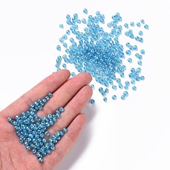 Light Cyan Glass Seed Beads, Trans. Colours Lustered, Round, Light Cyan, 4mm, Hole: 1.5mm, about 4500pcs/pound