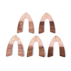 Розовый Подвески из непрозрачной смолы и орехового дерева, арочные прелести, с блестящей пудрой и золотой фольгой, туманная роза, 38x28.5x3 мм, отверстие : 2 мм