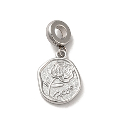 Stainless Steel Color Tarnish Resistant 304 Stainless Steel European Dangle Charms, Large Hole Pendants, Oval with Rose Pattern, Stainless Steel Color, 28mm, Pendant: 18.5x13.5x2mm, Hole: 4.5mm