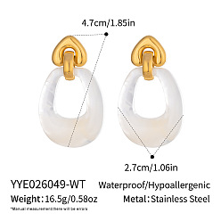 Blanco 304 aretes colgantes de acero inoxidable para mujer, con resina, pepitas, real 18 k chapado en oro, blanco, 47x27 mm