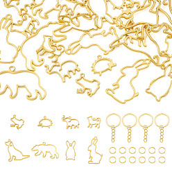Golden DIY Keychain Making Kits, 24Pcs 8 Styles Animal Alloy Open Back Bezel Pendants, 30Pcs Iron Split Key Rings, 40Pcs Iron Jump Rings, Golden, 16~44x16~49x1.5~2.5mm, Hole: 1.2~3mm