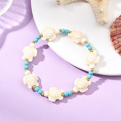 Misty Rose Synthetic Turquoise & Brass Beads Stretch  Bracelets for Women Men, Turtle, Dyed, Misty Rose, Inner Diameter: 2.20 inch(5.6cm)