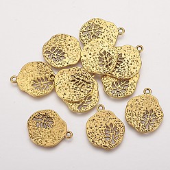 Antique Golden Tibetan Style Alloy Pendants, Cadmium Free & Lead Free, Flat Round with Leaf, Antique Golden, 22x18x1mm, Hole: 1mm