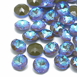 Olivine Pointed Back K9 Glass Rhinestone Cabochons, Mocha Fluorescent Style, Random Color Back Plated, Fluorescent, Flat Round, Olivine, 8x4mm