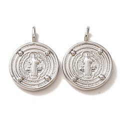 Platinum Brass Pendants, Flat Round with St. Benedict Charms, Platinum, 22.5x16.2x2mm, Hole: 4.5x2.5mm