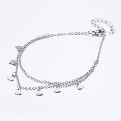 Stainless Steel Color Tarnish Resistant 304 Stainless Steel Anklets, Heart, with 316 Surgical Stainless Steel Chains, Stainless Steel Color, 9 inch(230mm)