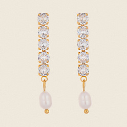 Настоящее золото 18K 304 овальные серьги-гвоздики из нержавеющей стали, с прозрачным кубическим цирконием и пресноводным жемчугом, реальный 18 k позолоченный, 35x4 мм