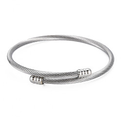 Stainless Steel Color Non-Tarnish Twisted Cable Cuff Bangle, Removable End Caps Open Bangle for Men Women, Stainless Steel Color, Inner Diameter: 2-1/8 inch(5.5cm)