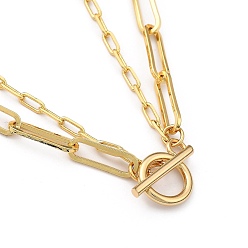 Golden Brass Paperclip Chain Double Layer Necklaces, with 304 Stainless Steel Toggle Clasps, Ring, Golden, 13.97 inch(35.5cm)