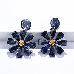 Морской Синий Серьги-гвоздики из акрила с цветком из сплава, золотые, Marine Blue, 54x33 мм