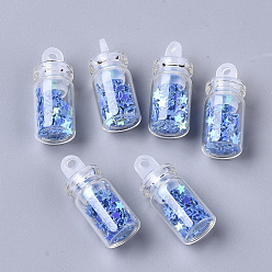 Blue Glass Wishing Bottle Pendant Decorations, with Star Glitter Sequins/Paillette inside, with Plastic Plug, Blue, 24.5x10mm, Hole: 2mm