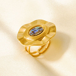 Настоящее золото 18K 304 Открытые кольца-манжеты из нержавеющей стали с натуральными ракушками для женщин, овальные, реальный 18 k позолоченный, 23 мм, внутренний диаметр: 17 мм