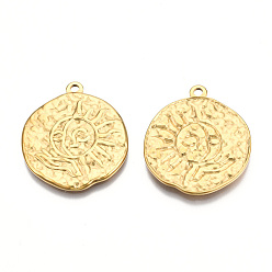 Настоящее золото 18K Ионное покрытие (ip) 201 подвески из нержавеющей стали, плоские круглые с солнцем, реальный 18 k позолоченный, 29x26x2 мм, отверстие : 1.8 мм