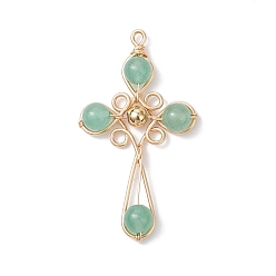 Зеленый Авантюрин 4шт 4 стили подвески из натурального зеленого авантюрина, крестики-подвески с медной проволокой, обвитой круглыми латунными бусинами, золотые, 49x26x7 мм, отверстие : 2 мм