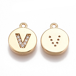 Letter V Brass Cubic Zirconia Charms, Flat Round with Letter, Nickel Free, Real 18K Gold Plated, Clear, Letter.V, 12x10x2mm, Hole: 1mm