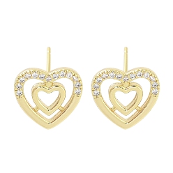 Настоящее золото 18K Женские серьги-гвоздики из латуни с микропаве и прозрачным кубическим цирконием, сердце, реальный 18 k позолоченный, 12x12 мм