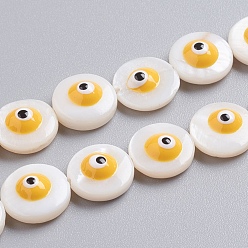 Желтый Природные стеклянные бусы нити, с эмалью, плоские круглые с сглаза, желтые, 10x4 мм, отверстие : 0.6 мм, около 39 шт / нитка, 15.75 дюйм (40 см)