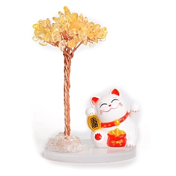 Citrine Natural Citrine Chips Tree Decorations, Plastic Lucky Cat with Copper Wire Feng Shui Energy Stone Gift for Women Men Meditation, 80mm
