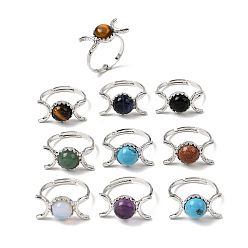 Mixed Stone Gemstone Moon Adjustable Ring, Brass Jewelry for Women, Platinum, Cadmium Free & Lead Free, Inner Diameter: 17.1~20mm