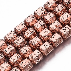 Rose Gold Plated Electroplated Natural Lava Rock Beads Strands, Hexagon, Bumpy, Rose Gold Plated, 8x7.5x6.5mm, Hole: 1.2mm, about 50pcs/strand, 15.35 inch~15.75 inch(39cm~40cm)