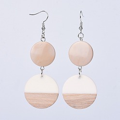 Цвет Древесины Серьги из смолы и дерева с подвесками, с латунными крючками для сережек и акриловыми бусинами, плоско-круглые, деревесиные, 80 мм, кулона: 28.5x3.5 мм, контактный: 0.7 мм