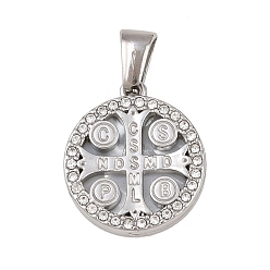 Нержавеющая Сталь Цвет 303 подвески из нержавеющей стали, плоская круглая подвеска с крестом Святого Бенедикта, горный хрусталь и эмали, цвет нержавеющей стали, 18.5x16x3 мм, отверстие : 5.4x2.8 мм