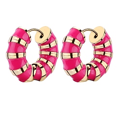 Rosa Caliente Aretes de aro gruesos con rayas esmaltadas, oro 316 joyas de acero inoxidable para mujer., color de rosa caliente, 18x20.5x6 mm, pin: 0.9 mm