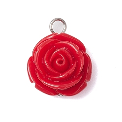 Нержавеющая Сталь Цвет Непрозрачные подвески смолы, подвески в виде цветка красной розы 304 с петлями из нержавеющей стали, цвет нержавеющей стали, 22.5x18.5x11 мм, отверстие : 3 мм