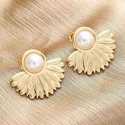 Золотой 304 из нержавеющей стали серьги, с пластиковой имитационной жемчужиной, цветок, вакуумное покрытие pvd, золотые, 21x24.5 мм