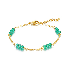 Настоящее золото 18K Регулируемый 304 браслет из нержавеющей стали со стеклянными бусинами для женщин, реальный 18 k позолоченный, 7.87 дюйм (20 см)