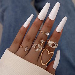 Heart Crystal Rhinestone Cuff Rings Set, Golden Alloy Stackable Rings, Heart, Inner Diameter: 16~18mm, 5pcs/set