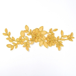 Gold Computerized Embroidery Polyester Iron on/Sew on Patches, Costume Accessories, Appliques, Flower, Gold, 276x106x1.5mm
