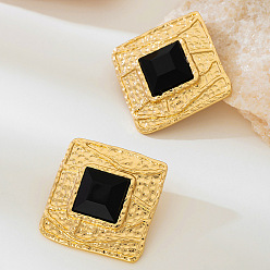 Черный Серьги-гвоздики из сплава и акрила, фактурный квадрат, золотые, чёрные, 36x36 мм