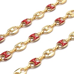 Red Golden Plated Alloy Enameled Coffee Bean Links Chains, Long-Lasting Plated, Cadmium Free & Lead Free, Unwelded, Red, Coffee Bean: 14.5x10x3.5mm, Link: 8.5x2x3.5mm, about 32.8 Feet(10m)/roll