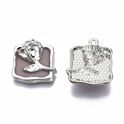 Rosy Brown Rack Plating Alloy Enamel Pendants, Cadmium Free & Lead Free, Platinum, Rectangle with Rose, Rosy Brown, 21.5x19x6mm, Hole: 1.6mm