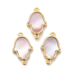 Розовая Раковина Естественные розовые соединители звеньев оболочки, с настоящими 18 к золотыми медными выводами, долговечный, хамса рука, 20x12x3 мм, отверстие : 1.4 мм