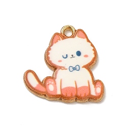 Light Salmon Printed Alloy Pendants, Cat Charm, Light Gold, Light Salmon, 20x20x2mm, Hole: 2mm