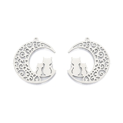 Нержавеющая Сталь Цвет Не тускнеющие 201 подвески из нержавеющей стали, Луна с кошкой, цвет нержавеющей стали, 32.5x29x1.5 мм, отверстие : 1.5 мм
