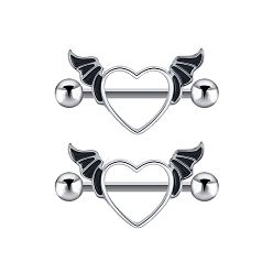 Черный 304 Кольца для сосков из нержавеющей стали, пирсинг соска штифт, сердце, чёрные, 16 мм, штифты : 1.6 мм