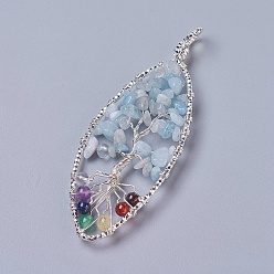 Аквамарин Результаты ювелирных изделий чакры, подвески из натурального аквамарина, с латунной фурнитурой , лошадь глаз с деревом, серебряный цвет гальваническим, 77.5~80x28~30x5~8 мм, отверстие : 4.5~6.5 мм