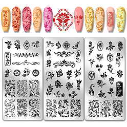 Mixed Shapes Шаблоны для нейл-арта своими руками из нержавеющей стали, шаблонный инструмент, прямоугольные, цветочный, 12x6 см, 3 шт / комплект