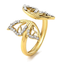 Настоящее золото 18K Ионное покрытие (ip) 304 открытая манжета из нержавеющей стали для женщин, со стразами, бабочка, реальный 18 k позолоченный, внутренний диаметр: 17 мм