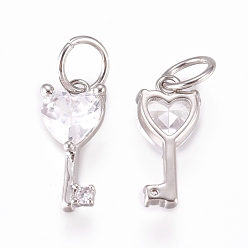Platinum Brass Charms, with Micro Pave Cubic Zirconia and Jump Rings, Key, Clear, Platinum, 11.5x5.5x3mm, Hole: 3.5mm